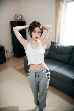 (masterpiece:1.2, best quality), (1lady, solo, standing, arms above head: 1.5), Tomboy, (full color:1.5), hot body, Clothes: (white tank top, black sweatpants: 1.5), (Appearance: short hair, brown hair, messy hair, natural makeup, long legs, cute, petite, brown eyes, small breasts, fit, muscular, toned: 1.5), Location: (apartment living room, indoors,) Hobbies: (workout, athletic, music, indie music, art), best_friend, music, shoegaze, SFW, clothed, 25 years old, mid_twenties, adult, asian girl, Tomboy, nice armpits