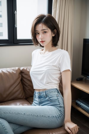 (masterpiece:1.2, best quality), (1lady: 1.5), Tomboy, (full color:1.5), hot body, Clothes: (tucked in t shirt, vintage lightwash high-waisted loose jeans, converse hi-tops: 1.5), (Appearance: short hair, brown hair, messy hair, natural makeup, long legs, cute, petite, brown eyes, small breasts, fit, muscular, toned: 1.5), Location: (apartment living room, indoors,) Hobbies: (workout, athletic, music, indie music, art), best_friend, music, shoegaze, SFW, clothed, 25 years old, mid_twenties, adult, asian girl, Tomboy, kiss, french_kiss