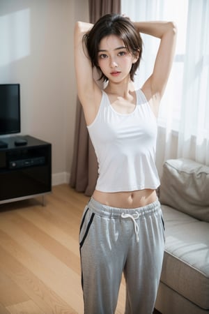 (masterpiece:1.2, best quality), (1lady, solo, standing, arms above head: 1.5), Tomboy, (full color:1.5), hot body, Clothes: (white tank top, black sweatpants : 1.5), (Appearance: short hair, brown hair, messy hair, natural makeup, long legs, cute, petite, brown eyes, small breasts, fit, muscular, toned: 1.5), Location: (apartment living room, indoors,) Hobbies: (workout, athletic, music, indie music, art), best_friend, music, shoegaze, SFW, clothed, 25 years old, mid_twenties, adult, asian girl, Tomboy, nice armpits