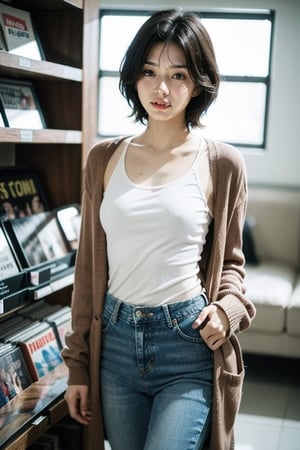(masterpiece:1.2, best quality), (1lady, solo, standing :1.5), Tomboy, (full color:1.5), Clothes: (loose cardigan, braless, black tee-shirt, vintage lightwash high-waisted loose jeans:1.5), (Appearance: dark_brown_hair, fit, muscular, short hair, natural makeup, long legs, cute, petite, adult, hot body, brown eyes: small breasts, 25_years_old: 1.5), Location: record_store, music_store, (Hobbies: art, music, indie, shoegaze), SFW, mid_twenties, adult, asian girl, boyish, painted_nails, polish, Tomboy, smiling, smiling_at_viewer, looking_at_viewer, eye_contact
