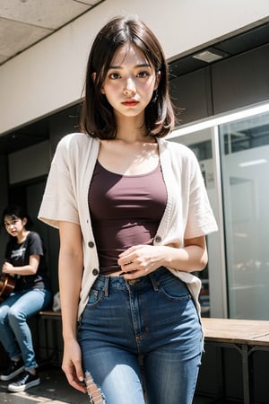 (masterpiece:1.2, best quality), (1lady :1.5), Tomboy, (black hair:1.4), (fit, muscular:1.2), (full color:1.5), hot body, (brown eyes: 1.5), (small breasts: 1.5), Clothes: (black loose cardigan, band t shirt, vintage lightwash high-waisted loose jeans:1.5), Appearance: natural makeup, long legs, petite, Location: record_store, Hobbies: workout, best_friend, music, indie, shoegaze, SFW, 25 years old, mid_twenties, adult, japanese girl, asian girl, boyish