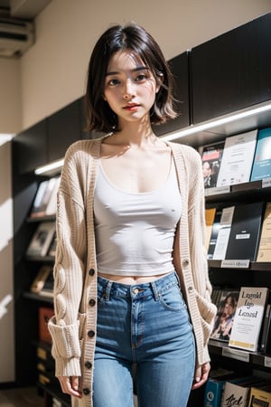 (masterpiece:1.2, best quality), (1lady :1.5), Tomboy, (black hair:1.4), (fit, muscular:1.2), (full color:1.5), hot body, (brown eyes: 1.5), (small breasts: 1.5), Clothes: (loose cardigan, t shirt, vintage lightwash high-waisted loose jeans:1.5), Appearance: short hair, natural makeup, long legs, cute, petite, Location: record_store, Hobbies: workout, best_friend, music, indie, shoegaze, SFW, 25 years old, mid_twenties, adult, asian girl, boyish, painted_nails