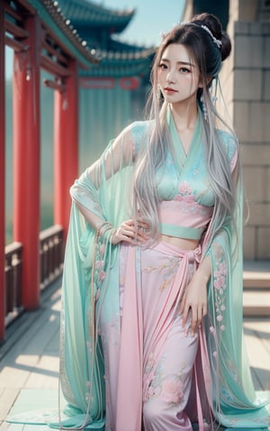 best quality, masterpiece, beautiful and aesthetic, 16K, The splendid ancient Chinese palace architecture, big blue moon, dark night, snow blowing, 1 girl, halo, shining bracelet, (beautiful hanfu, white, pink, Hanfu with many embroideries,), The sleeves and skirt of Hanfu flutter in the wind, solo, {beautiful and detailed eyes}, melancholy expression, natural and soft light, delicate facial features, vearrings, Gorgeous necklace, ((sexy pose)), Glamor body type, (white hair,),  beehive, bun,very long hair, hair past hip, curly hair, flim grain, realhands, masterpiece, Best Quality, photorealistic, ultra-detailed, finely detailed, high resolution, perfect dynamic composition, beautiful detailed eyes, eye smile, ((nervous, embarrassed)), sharp focus, full body, sexy pose, KKK3