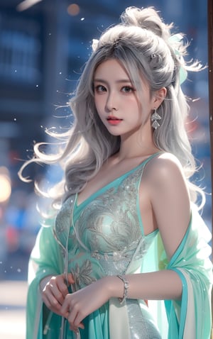 The background is midnight sky,big blue moon,dark night,snow blowing,16 yo, 1 girl,sword,halo,shining bracelet,beautiful hanfu(white, transparent),cape, cloth blowing in wind, solo, {beautiful and detailed eyes}, calm expression, natural and soft light, delicate facial features, cute japanese idol, very small earrings, ((model pose)), Glamor body type, (silver hair:1.2),  beehive,big bun,very_long_hair, hair past hip, curly hair, flim grain, realhands, masterpiece, Best Quality, photorealistic, ultra-detailed, finely detailed, high resolution, perfect dynamic composition, beautiful detailed eyes, eye smile, ((nervous and embarrassed)), sharp-focus, full_body, sexy pose,QQQ3