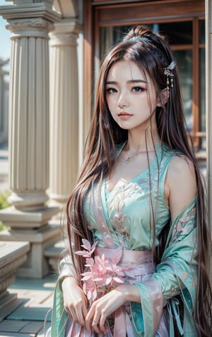 best quality, masterpiece, beautiful and aesthetic, 16K, The splendid ancient Chinese palace architecture, big blue moon, dark night, snow blowing, 1 girl, halo, shining bracelet, (beautiful hanfu, white, pink, Hanfu with many embroideries,), The sleeves and skirt of Hanfu flutter in the wind, solo, {beautiful and detailed eyes}, melancholy expression, natural and soft light, delicate facial features, vearrings, Gorgeous necklace, ((sexy pose)), Glamor body type, (white hair,),  beehive, bun,very long hair, hair past hip, curly hair, flim grain, realhands, masterpiece, Best Quality, photorealistic, ultra-detailed, finely detailed, high resolution, perfect dynamic composition, beautiful detailed eyes, eye smile, ((nervous, embarrassed)), sharp focus, full body, sexy pose,