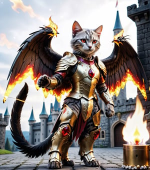 (16k), (masterpiece), (full body shot,), (highest quality), (highly complex), (realistic), (sharp focus), (cinematic lighting), (highly detailed), (full body shot,) , In a magnificent castle filled with golden decorations, a Cat, Anthropomorphic, Standing on two legs, Cat wearing fiery red gem-encrusted armor, Fiery red wings inlaid with gems, Metal wings emit flames, accurate anatomical body and hands, hands radiating fire, delicate features, Red eyes, eyes radiating fire, Perfect cat body proportions, realistic, cat,ral-lava