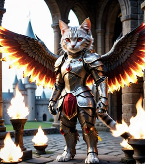 (16k), (masterpiece), (full body shot,), (highest quality), (highly complex), (realistic), (sharp focus), (cinematic lighting), (highly detailed), (full body shot,) , In a magnificent castle filled with golden decorations, a Cat, Anthropomorphic, Standing on two legs, Cat wearing fiery red gem-encrusted armor, Fiery red wings inlaid with gems, Metal wings emit flames, accurate anatomical body and hands, hands radiating fire, delicate features, Red eyes, eyes radiating fire, Perfect cat body proportions, realistic, cat,ral-lava