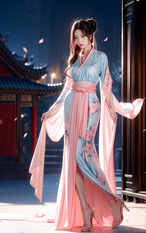 best quality, masterpiece, beautiful and aesthetic, 16K, The splendid ancient Chinese palace architecture, big blue moon, dark night, snow blowing, 1 girl, halo, shining bracelet, (beautiful hanfu, white, pink), The sleeves and skirt of Hanfu flutter in the wind, solo, {beautiful and detailed eyes}, melancholy expression, natural and soft light, delicate facial features, vearrings, Gorgeous necklace, ((sexy pose)), Glamor body type, (white hair,),  beehive, bun,very long hair, hair past hip, curly hair, flim grain, realhands, masterpiece, Best Quality, photorealistic, ultra-detailed, finely detailed, high resolution, perfect dynamic composition, beautiful detailed eyes, eye smile, ((nervous, embarrassed)), sharp focus, full body, sexy pose, KKK3