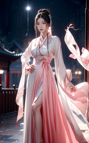 best quality, masterpiece, beautiful and aesthetic, 16K, The splendid ancient Chinese palace architecture, big blue moon, dark night, snow blowing, 1 girl, halo, shining bracelet, (beautiful hanfu, white, pink), The sleeves and skirt of Hanfu flutter in the wind, solo, {beautiful and detailed eyes}, melancholy expression, natural and soft light, delicate facial features, vearrings, Gorgeous necklace, ((sexy pose)), Glamor body type, (white hair,),  beehive, bun,very long hair, hair past hip, curly hair, flim grain, realhands, masterpiece, Best Quality, photorealistic, ultra-detailed, finely detailed, high resolution, perfect dynamic composition, beautiful detailed eyes, eye smile, ((nervous, embarrassed)), sharp focus, full body, sexy pose, KKK3