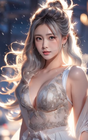 The background is midnight sky,big blue moon,dark night,snow blowing,16 yo, 1 girl,sword,halo,shining bracelet,beautiful hanfu(white, transparent),cape, cloth blowing in wind, solo, {beautiful and detailed eyes}, calm expression, natural and soft light, delicate facial features, cute japanese idol, very small earrings, ((model pose)), Glamor body type, (silver hair:1.2),  beehive,big bun,very_long_hair, hair past hip, curly hair, flim grain, realhands, masterpiece, Best Quality, photorealistic, ultra-detailed, finely detailed, high resolution, perfect dynamic composition, beautiful detailed eyes, eye smile, ((nervous and embarrassed)), sharp-focus, full_body, sexy pose,QQQ3