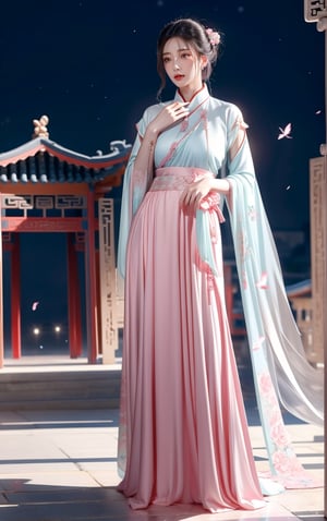 best quality, masterpiece, beautiful and aesthetic, 16K, The splendid ancient Chinese palace architecture, big blue moon, dark night, snow blowing, 1 girl, halo, shining bracelet, (beautiful hanfu, white, pink), The sleeves and skirt of Hanfu flutter in the wind, solo, {beautiful and detailed eyes}, melancholy expression, natural and soft light, delicate facial features, vearrings, Gorgeous necklace, ((sexy pose)), Glamor body type, (white hair,),  beehive, bun,very long hair, hair past hip, curly hair, flim grain, realhands, masterpiece, Best Quality, photorealistic, ultra-detailed, finely detailed, high resolution, perfect dynamic composition, beautiful detailed eyes, eye smile, ((nervous, embarrassed)), sharp focus, full body, sexy pose, KKK3