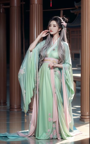 best quality, masterpiece, beautiful and aesthetic, 16K, The splendid ancient Chinese palace architecture, big blue moon, dark night, snow blowing, 1 girl, halo, shining bracelet, (beautiful hanfu, white, pink, Hanfu with many embroideries,), The sleeves and skirt of Hanfu flutter in the wind, solo, {beautiful and detailed eyes}, melancholy expression, natural and soft light, delicate facial features, vearrings, Gorgeous necklace, ((sexy pose)), Glamor body type, (white hair,),  beehive, bun,very long hair, hair past hip, curly hair, flim grain, realhands, masterpiece, Best Quality, photorealistic, ultra-detailed, finely detailed, high resolution, perfect dynamic composition, beautiful detailed eyes, eye smile, ((nervous, embarrassed)), sharp focus, full body, sexy pose, KKK3