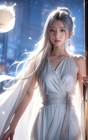 The background is midnight sky,big blue moon,dark night,snow blowing,16 yo, 1 girl,sword,halo,shining bracelet,beautiful hanfu(white, transparent),cape, cloth blowing in wind, solo, {beautiful and detailed eyes}, calm expression, natural and soft light, delicate facial features, cute japanese idol, very small earrings, ((model pose)), Glamor body type, (silver hair:1.2),  beehive,big bun,very_long_hair, hair past hip, curly hair, flim grain, realhands, masterpiece, Best Quality, photorealistic, ultra-detailed, finely detailed, high resolution, perfect dynamic composition, beautiful detailed eyes, eye smile, ((nervous and embarrassed)), sharp-focus, full_body, sexy pose,KKK3