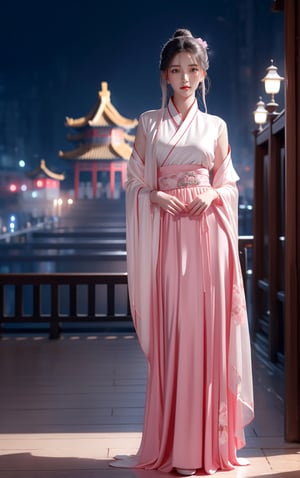 best quality, masterpiece, beautiful and aesthetic, 16K, The splendid ancient Chinese palace architecture, big blue moon, dark night, snow blowing, 1 girl, halo, shining bracelet, (beautiful hanfu, white, pink), The sleeves and skirt of Hanfu flutter in the wind, solo, {beautiful and detailed eyes}, melancholy expression, natural and soft light, delicate facial features, vearrings, Gorgeous necklace, ((sexy pose)), Glamor body type, (white hair,),  beehive, bun,very long hair, hair past hip, curly hair, flim grain, realhands, masterpiece, Best Quality, photorealistic, ultra-detailed, finely detailed, high resolution, perfect dynamic composition, beautiful detailed eyes, eye smile, ((nervous, embarrassed)), sharp focus, full body, sexy pose, KKK3