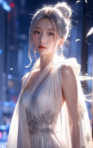 The background is midnight sky,big blue moon,dark night,snow blowing,16 yo, 1 girl,sword,halo,shining bracelet,beautiful hanfu(white, transparent),cape, cloth blowing in wind, solo, {beautiful and detailed eyes}, calm expression, natural and soft light, delicate facial features, cute japanese idol, very small earrings, ((model pose)), Glamor body type, (silver hair:1.2),  beehive,big bun,very_long_hair, hair past hip, curly hair, flim grain, realhands, masterpiece, Best Quality, photorealistic, ultra-detailed, finely detailed, high resolution, perfect dynamic composition, beautiful detailed eyes, eye smile, ((nervous and embarrassed)), sharp-focus, full_body, sexy pose,KKK3