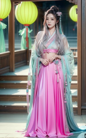 best quality, masterpiece, beautiful and aesthetic, 16K, The splendid ancient Chinese palace architecture, big blue moon, dark night, snow blowing, 1 girl, halo, shining bracelet, (beautiful hanfu, white, pink, Hanfu with many embroideries,), The sleeves and skirt of Hanfu flutter in the wind, solo, {beautiful and detailed eyes}, melancholy expression, natural and soft light, delicate facial features, vearrings, Gorgeous necklace, ((sexy pose)), Glamor body type, (white hair,),  beehive, bun,very long hair, hair past hip, curly hair, flim grain, realhands, masterpiece, Best Quality, photorealistic, ultra-detailed, finely detailed, high resolution, perfect dynamic composition, beautiful detailed eyes, eye smile, ((nervous, embarrassed)), sharp focus, full body, sexy pose, KKK3