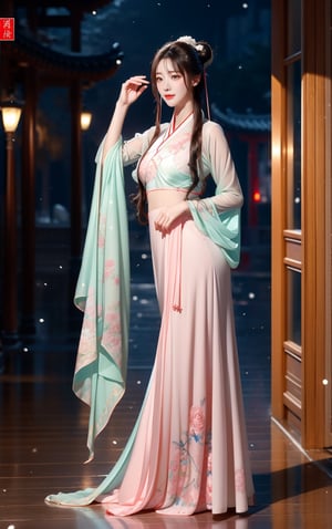 best quality, masterpiece, beautiful and aesthetic, 16K, The splendid ancient Chinese palace architecture, big blue moon, dark night, snow blowing, 1 girl, halo, shining bracelet, (beautiful hanfu, white, pink, Hanfu with many embroideries,), The sleeves and skirt of Hanfu flutter in the wind, solo, {beautiful and detailed eyes}, melancholy expression, natural and soft light, delicate facial features, vearrings, Gorgeous necklace, ((sexy pose)), Glamor body type, (white hair,),  beehive, bun,very long hair, hair past hip, curly hair, flim grain, realhands, masterpiece, Best Quality, photorealistic, ultra-detailed, finely detailed, high resolution, perfect dynamic composition, beautiful detailed eyes, eye smile, ((nervous, embarrassed)), sharp focus, full body, sexy pose, KKK3