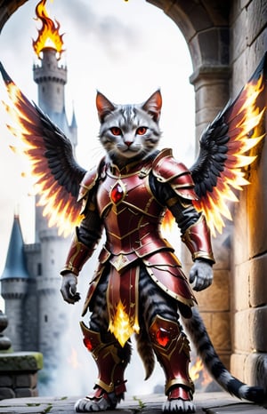 (16k), (masterpiece), (full body shot,), (highest quality), (highly complex), (realistic), (sharp focus), (cinematic lighting), (highly detailed), (full body shot,) , In a magnificent castle filled with golden decorations, a Cat, Anthropomorphic, Standing on two legs, Cat wearing fiery red gem-encrusted armor, Fiery red wings inlaid with gems, Metal wings emit flames, accurate anatomical body and hands, hands radiating fire, delicate features, Red eyes, eyes radiating fire, Perfect cat body proportions, realistic, cat,ral-lava