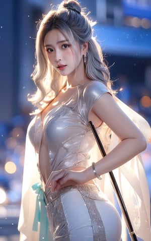 The background is midnight sky,big blue moon,dark night,snow blowing,16 yo, 1 girl,sword,halo,shining bracelet,beautiful hanfu(white, transparent),cape, cloth blowing in wind, solo, {beautiful and detailed eyes}, calm expression, natural and soft light, delicate facial features, cute japanese idol, very small earrings, ((model pose)), Glamor body type, (silver hair:1.2),  beehive,big bun,very_long_hair, hair past hip, curly hair, flim grain, realhands, masterpiece, Best Quality, photorealistic, ultra-detailed, finely detailed, high resolution, perfect dynamic composition, beautiful detailed eyes, eye smile, ((nervous and embarrassed)), sharp-focus, full_body, sexy pose,QQQ3