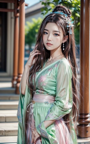 best quality, masterpiece, beautiful and aesthetic, 16K, The splendid ancient Chinese palace architecture, big blue moon, dark night, snow blowing, 1 girl, halo, shining bracelet, (beautiful hanfu, white, pink, Hanfu with many embroideries,), The sleeves and skirt of Hanfu flutter in the wind, solo, {beautiful and detailed eyes}, melancholy expression, natural and soft light, delicate facial features, vearrings, Gorgeous necklace, ((sexy pose)), Glamor body type, (white hair,),  beehive, bun,very long hair, hair past hip, curly hair, flim grain, realhands, masterpiece, Best Quality, photorealistic, ultra-detailed, finely detailed, high resolution, perfect dynamic composition, beautiful detailed eyes, eye smile, ((nervous, embarrassed)), sharp focus, full body, sexy pose,