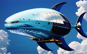 Best quality, Masterpiece, Beautiful and aesthetic, 32K, High contrast, Natural and soft light, Realistic, Photorealistic, Ultra detailed, Finely detailed, High resolution, Perfect dynamic composition, A huge whale-shaped spaceship, Flying in the blue sky and white clouds, The upper part of the whale-shaped spaceship is a transparent glass cover, There are small architectural clusters inside the glass cover, Whale fin-shaped wings with turbo rockets, The whale-shaped spacecraft has turbo rockets on both sides of its belly, Mechanical fish