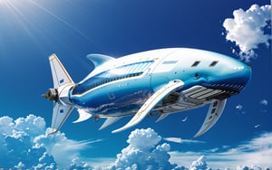 Best quality, Masterpiece, Beautiful and aesthetic, 32K, High contrast, Natural and soft light, Realistic, Photorealistic, Ultra detailed, Finely detailed, High resolution, Perfect dynamic composition, A huge whale-shaped spaceship, Flying in the blue sky and white clouds, The upper part of the whale-shaped spaceship is a transparent glass cover, There are small architectural clusters inside the glass cover, Whale fin-shaped wings with turbo rockets, The whale-shaped spacecraft has turbo rockets on both sides of its belly, Mechanical fish