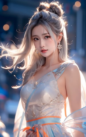 The background is midnight sky,big blue moon,dark night,snow blowing,16 yo, 1 girl,sword,halo,shining bracelet,beautiful hanfu(white, transparent),cape, cloth blowing in wind, solo, {beautiful and detailed eyes}, calm expression, natural and soft light, delicate facial features, cute japanese idol, very small earrings, ((model pose)), Glamor body type, (silver hair:1.2),  beehive,big bun,very_long_hair, hair past hip, curly hair, flim grain, realhands, masterpiece, Best Quality, photorealistic, ultra-detailed, finely detailed, high resolution, perfect dynamic composition, beautiful detailed eyes, eye smile, ((nervous and embarrassed)), sharp-focus, full_body, sexy pose,QQQ3