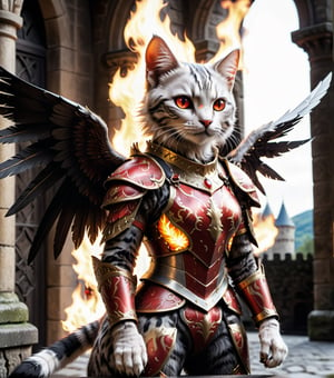 (16k), (masterpiece), (full body shot,), (highest quality), (highly complex), (realistic), (sharp focus), (cinematic lighting), (highly detailed), (full body shot,) , In a magnificent castle filled with golden decorations, a Cat, Anthropomorphic, Standing on two legs, Cat wearing fiery red gem-encrusted armor, Fiery red wings inlaid with gems, Metal wings emit flames, accurate anatomical body and hands, hands radiating fire, delicate features, Red eyes, eyes radiating fire, Perfect cat body proportions, realistic, cat,ral-lava