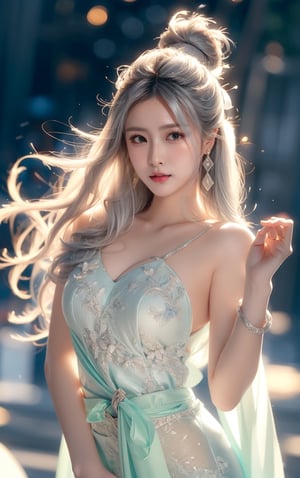 The background is midnight sky,big blue moon,dark night,snow blowing,16 yo, 1 girl,sword,halo,shining bracelet,beautiful hanfu(white, transparent),cape, cloth blowing in wind, solo, {beautiful and detailed eyes}, calm expression, natural and soft light, delicate facial features, cute japanese idol, very small earrings, ((model pose)), Glamor body type, (silver hair:1.2),  beehive,big bun,very_long_hair, hair past hip, curly hair, flim grain, realhands, masterpiece, Best Quality, photorealistic, ultra-detailed, finely detailed, high resolution, perfect dynamic composition, beautiful detailed eyes, eye smile, ((nervous and embarrassed)), sharp-focus, full_body, sexy pose,QQQ3