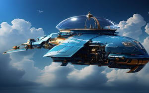 Best quality, Masterpiece, Beautiful and aesthetic, 32K, High contrast, Natural and soft light, Realistic, Photorealistic, Ultra detailed, Finely detailed, High resolution, Perfect dynamic composition, A huge whale-shaped spaceship, Flying in the blue sky and white clouds, The upper part of the whale-shaped spaceship is a transparent glass cover, There are small architectural clusters inside the glass cover, Whale fin-shaped wings with turbo rockets, The whale-shaped spacecraft has turbo rockets on both sides of its belly, Mechanical fish,ftspcft