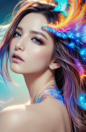 (masterpiece, top quality, best quality, official art, beautiful and aesthetic:1.2), (1girl), extreme detailed,(abstract, fractal art:1.3),colorful hair,highest detailed, detailed_eyes, fire, water, ice, lightning, light_particles, nude ,beatiful lines,resolute eyes,1 girl