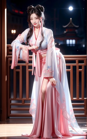 best quality, masterpiece, beautiful and aesthetic, 16K, The splendid ancient Chinese palace architecture, big blue moon, dark night, snow blowing, 1 girl, halo, shining bracelet, (beautiful hanfu, white, pink, Hanfu with many embroideries,), The sleeves and skirt of Hanfu flutter in the wind, solo, {beautiful and detailed eyes}, melancholy expression, natural and soft light, delicate facial features, vearrings, Gorgeous necklace, ((sexy pose)), Glamor body type, (white hair,),  beehive, bun,very long hair, hair past hip, curly hair, flim grain, realhands, masterpiece, Best Quality, photorealistic, ultra-detailed, finely detailed, high resolution, perfect dynamic composition, beautiful detailed eyes, eye smile, ((nervous, embarrassed)), sharp focus, full body, sexy pose, KKK3