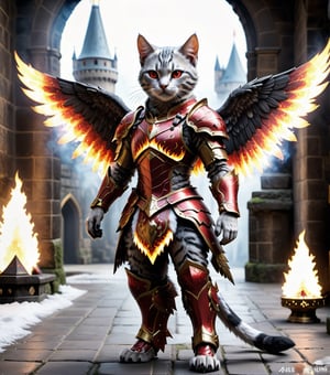 (16k), (masterpiece), (full body shot,), (highest quality), (highly complex), (realistic), (sharp focus), (cinematic lighting), (highly detailed), (full body shot,) , In a magnificent castle filled with golden decorations, a Cat, Anthropomorphic, Standing on two legs, Cat wearing fiery red gem-encrusted armor, Fiery red wings inlaid with gems, Metal wings emit flames, accurate anatomical body and hands, hands radiating fire, delicate features, Red eyes, eyes radiating fire, Perfect cat body proportions, realistic, cat,ral-lava
