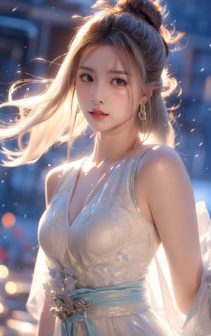 The background is midnight sky,big blue moon,dark night,snow blowing,16 yo, 1 girl,sword,halo,shining bracelet,beautiful hanfu(white, transparent),cape, cloth blowing in wind, solo, {beautiful and detailed eyes}, calm expression, natural and soft light, delicate facial features, cute japanese idol, very small earrings, ((model pose)), Glamor body type, (silver hair:1.2),  beehive,big bun,very_long_hair, hair past hip, curly hair, flim grain, realhands, masterpiece, Best Quality, photorealistic, ultra-detailed, finely detailed, high resolution, perfect dynamic composition, beautiful detailed eyes, eye smile, ((nervous and embarrassed)), sharp-focus, full_body, sexy pose,QQQ3