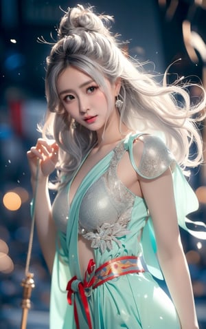 The background is midnight sky,big blue moon,dark night,snow blowing,16 yo, 1 girl,sword,halo,shining bracelet,beautiful hanfu(white, transparent),cape, cloth blowing in wind, solo, {beautiful and detailed eyes}, calm expression, natural and soft light, delicate facial features, cute japanese idol, very small earrings, ((model pose)), Glamor body type, (silver hair:1.2),  beehive,big bun,very_long_hair, hair past hip, curly hair, flim grain, realhands, masterpiece, Best Quality, photorealistic, ultra-detailed, finely detailed, high resolution, perfect dynamic composition, beautiful detailed eyes, eye smile, ((nervous and embarrassed)), sharp-focus, full_body, sexy pose,QQQ3