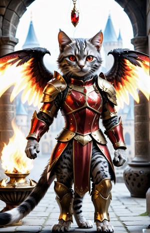 (16k), (masterpiece), (full body shot,), (highest quality), (highly complex), (realistic), (sharp focus), (cinematic lighting), (highly detailed), (full body shot,) , In a magnificent castle filled with golden decorations, a Cat, Anthropomorphic, Standing on two legs, Cat wearing fiery red gem-encrusted armor, Fiery red wings inlaid with gems, Metal wings emit flames, accurate anatomical body and hands, hands radiating fire, delicate features, Red eyes, eyes radiating fire, Perfect cat body proportions, realistic, cat,ral-lava