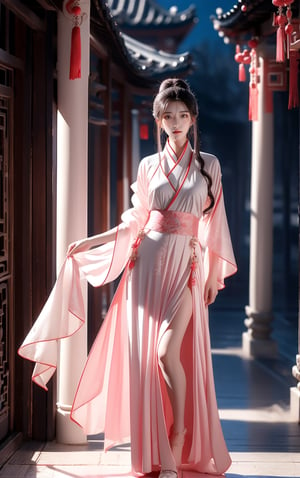 best quality, masterpiece, beautiful and aesthetic, 16K, The splendid ancient Chinese palace architecture, big blue moon, dark night, snow blowing, 1 girl, halo, shining bracelet, (beautiful hanfu, white, pink), The sleeves and skirt of Hanfu flutter in the wind, solo, {beautiful and detailed eyes}, melancholy expression, natural and soft light, delicate facial features, vearrings, Gorgeous necklace, ((sexy pose)), Glamor body type, (white hair,),  beehive, bun,very long hair, hair past hip, curly hair, flim grain, realhands, masterpiece, Best Quality, photorealistic, ultra-detailed, finely detailed, high resolution, perfect dynamic composition, beautiful detailed eyes, eye smile, ((nervous, embarrassed)), sharp focus, full body, sexy pose, KKK3