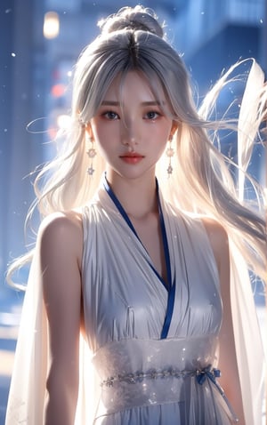 The background is midnight sky,big blue moon,dark night,snow blowing,16 yo, 1 girl,sword,halo,shining bracelet,beautiful hanfu(white, transparent),cape, cloth blowing in wind, solo, {beautiful and detailed eyes}, calm expression, natural and soft light, delicate facial features, cute japanese idol, very small earrings, ((model pose)), Glamor body type, (silver hair:1.2),  beehive,big bun,very_long_hair, hair past hip, curly hair, flim grain, realhands, masterpiece, Best Quality, photorealistic, ultra-detailed, finely detailed, high resolution, perfect dynamic composition, beautiful detailed eyes, eye smile, ((nervous and embarrassed)), sharp-focus, full_body, sexy pose,KKK3