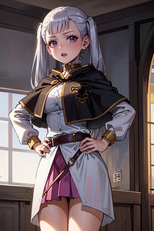 1girl, alone,  pink eyes,  twintails ,  long hair,   silver hair,  bangs,  eyelashes ,capelet, choker, belt, skirt, long sleeves, separate sleeves,miniskirt, white dress, frills,  neckline, medium breasts  ,Noelle,best quality, masterpiece, high detail, beautiful, standing, hands on hips., 