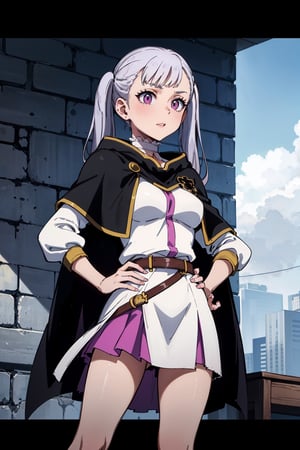 1girl, alone,  pink eyes,  twintails ,  long hair,   silver hair,  bangs,  eyelashes ,capelet, choker, belt, skirt, long sleeves, separate sleeves,miniskirt, white dress, frills,  neckline, medium breasts  ,Noelle,best quality, masterpiece, high detail, beautiful, standing, hands on hips., 