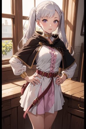 1girl, alone,  pink eyes,  twintails ,  long hair,   silver hair,  bangs,  eyelashes ,capelet, choker, belt, skirt, long sleeves, separate sleeves,miniskirt, white dress, frills,  neckline, medium breasts  ,Noelle,best quality, masterpiece, high detail, beautiful, standing, hands on hips., 