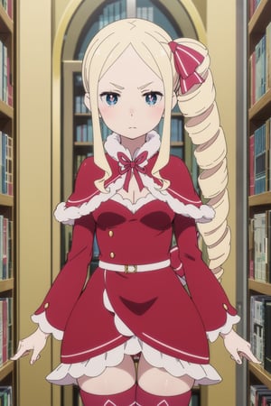 1 girl, adult woman, alone, blonde hair, long hair, twin drills, side locks, V-shaped eyebrows, blue eyes, symbol-shaped pupils, medium breasts, hair ribbon, pink bow, cape with decorations fur, red cape, dress, ruffled dress, red dress, bow, ribbon, long sleeves, separate sleeves, wide sleeves, ruffles, thigh high stockings, striped stockings, neckline, library