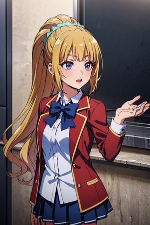  1girl,alone ,long hair, bangs, blunt bangs, purple eyes, blonde hair, shirt, hair ornament, ponytail, scrunchie, blue scrunchie, skirt, shirt, bow, school uniform, jacket, red jacket, pleated skirt, bowtie, sweater, blue bow, blue shirt ,masterpiece, best quality, beautiful and very detailed,cote_sakayanagi,cote_kei.