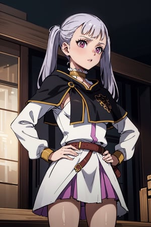 1girl, alone,  pink eyes,  twintails ,  long hair,   silver hair,  bangs,  eyelashes ,capelet, choker, belt, skirt, long sleeves, separate sleeves,miniskirt, white dress, frills,  neckline, medium breasts  ,Noelle,best quality, masterpiece, high detail, beautiful, standing, hands on hips., 