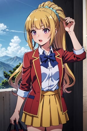  1girl,alone ,long hair, bangs, blunt bangs, purple eyes, blonde hair, shirt, hair ornament, ponytail, scrunchie, blue scrunchie, skirt, shirt, bow, school uniform, jacket, red jacket, pleated skirt, bowtie, sweater, blue bow, blue shirt ,masterpiece, best quality, beautiful and very detailed,cote_sakayanagi,cote_kei.