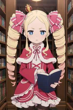 Betty, 1 girl, alone, blonde hair, long hair, twin drills, sidelocks, v-shaped eyebrows, hair ribbon, pink bow, fur-trimmed capelet, red capelet, dress, frilled dress, red dress, bow, ribbon, long sleeves, wide sleeves, frills, pantyhose, striped pantyhose, blue eyes, symbol-shaped pupils