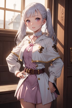 1girl, alone,  pink eyes,  twintails ,  long hair,   silver hair,  bangs,  eyelashes ,capelet, choker, belt, skirt, long sleeves, separate sleeves,miniskirt, white dress, frills ,Noelle,best quality, masterpiece, high detail, beautiful, standing, hands on hips., 