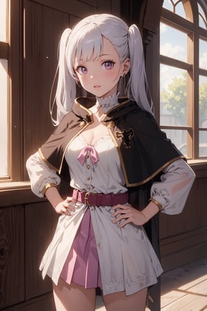 1girl, alone,  pink eyes,  twintails ,  long hair,   silver hair,  bangs,  eyelashes ,capelet, choker, belt, skirt, long sleeves, separate sleeves,miniskirt, white dress, frills,  neckline, medium breasts  ,Noelle,best quality, masterpiece, high detail, beautiful, standing, hands on hips., 