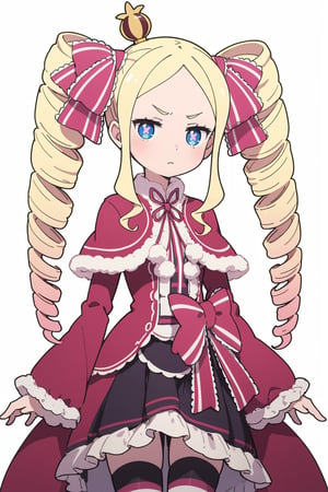 Betty, 1 girl, alone, blonde hair, long hair, twin drills, sidelocks, v-shaped eyebrows, hair ribbon, pink bow, fur-trimmed capelet, red capelet, dress, frilled dress, red dress, bow, ribbon, long sleeves, wide sleeves, frills, pantyhose, striped pantyhose, blue eyes, symbol-shaped pupils