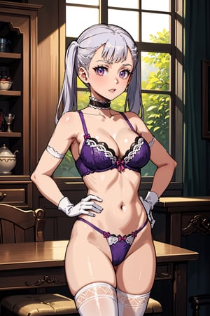 1girl, alone, pink eyes, two pigtails, long hair, silver hair, bangs, eyelashes, choker, purple lingerie, underwear, bra, thong, elbow-length gloves, thigh-high stockings, cleavage, medium breasts, Noelle, best quality, masterpiece, great detail, beautiful, standing, hands on hips